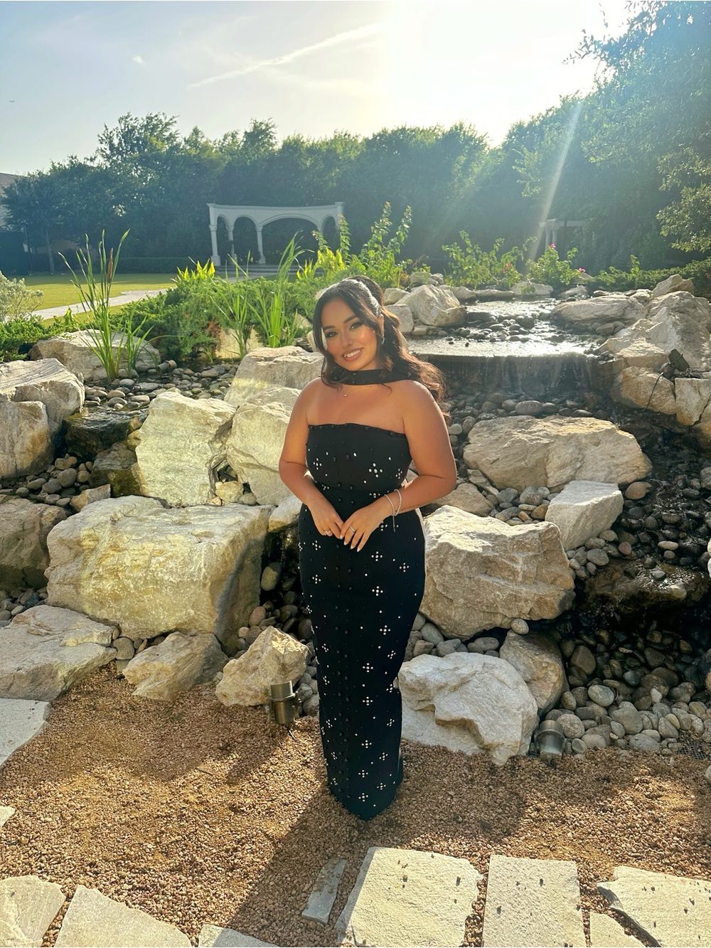 Strapless Black Sequin-Accent Evening Gown